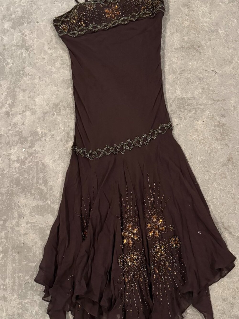 Sue Wong Dress Y2K Sexy Beaded 45 Flapper Coffee Brown Chocolate Midi SILK New - Picture 2 of 16